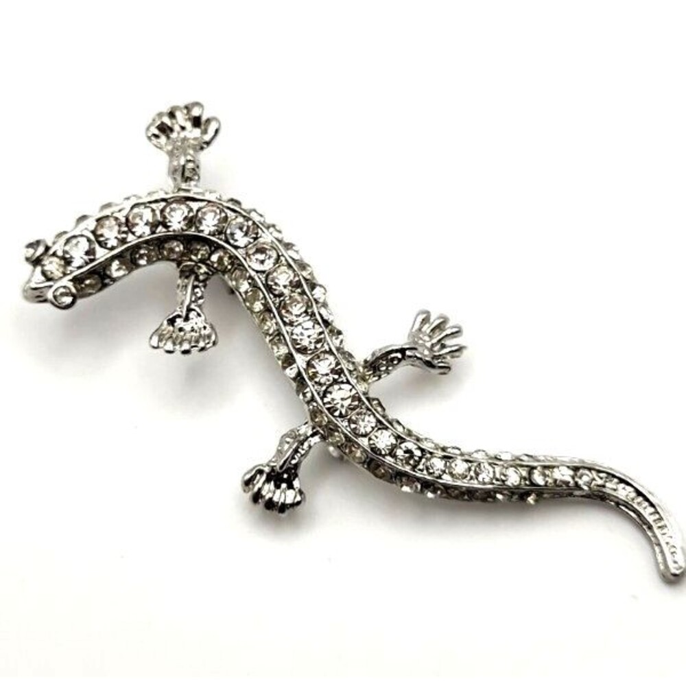 Silvertone and Rhinestone Gecko Lizard Salamander Brooch Pin